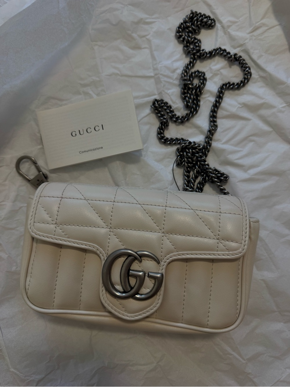 Gucci GG Marmont Super Mini White Leather Chain Shoulder Bag Silver GG